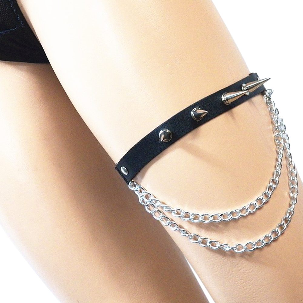 Zac's Alter Ego - Spike Studs PU Garter with Chain Harnais de jambe - Noir
